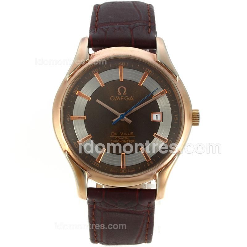 Omega De Ville Rose Case Rose Stick Markers with Brown Dial-Leather Strap