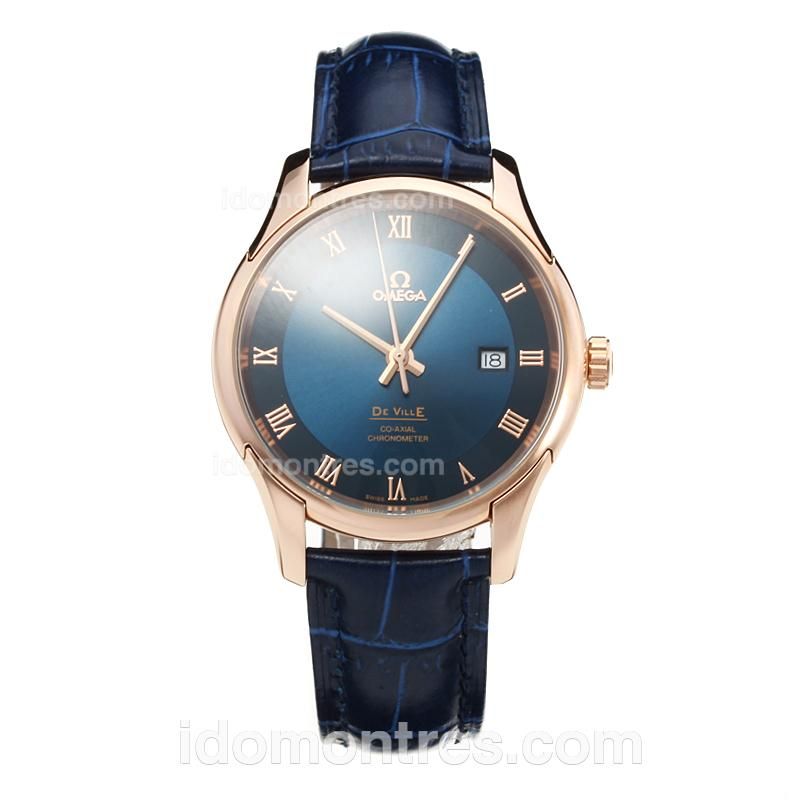 Omega De Ville Rose Gold Case with Blue Dial-Leather Strap