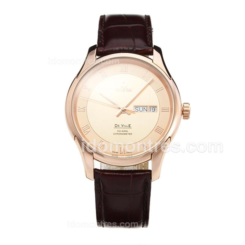 Omega De Ville Rose Gold Case with Champagne Dial-Leather Strap
