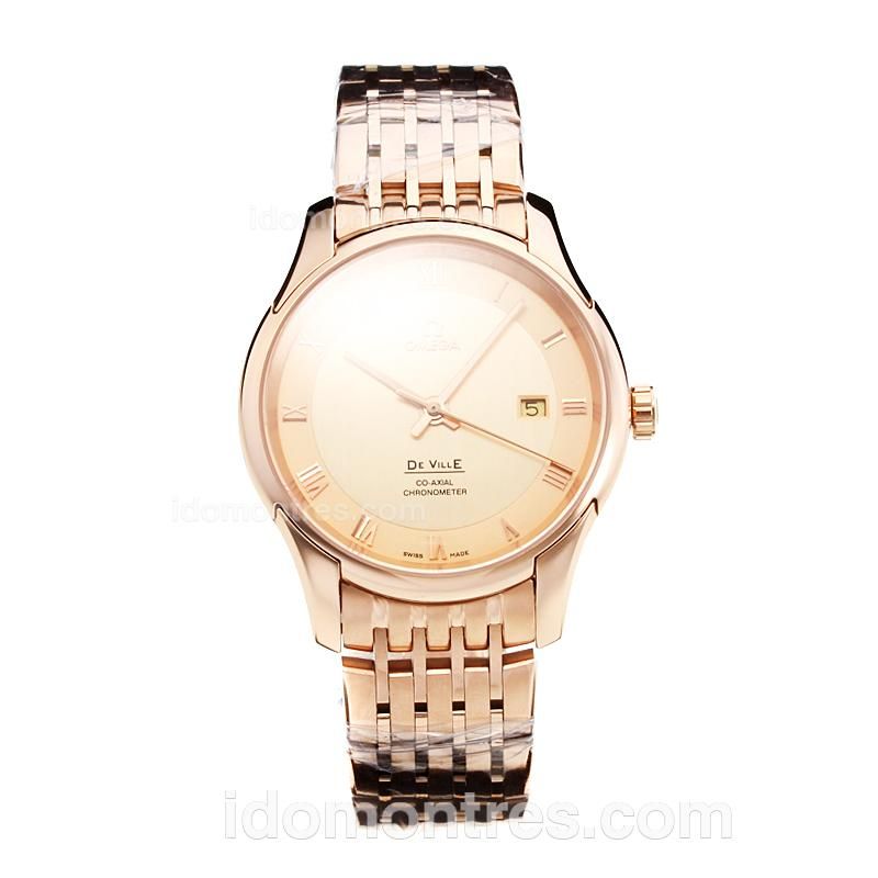 Omega De Ville Swiss ETA 2836 Movement Full Rose Gold with Champagne Dial-Sapphire Glass