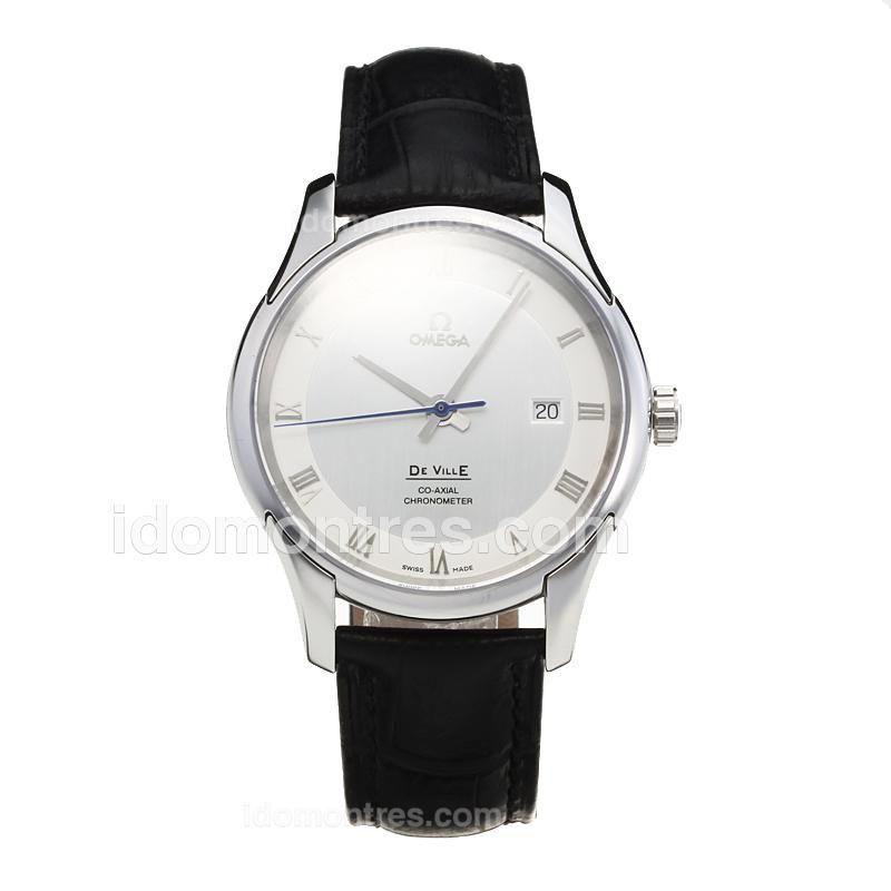 Omega De Ville Swiss ETA 2836 Movement with White Dial-Leather Strap-Sapphire Glass