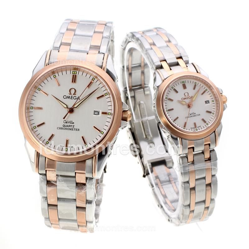 Omega De Ville Two Tone Stick Markers with Slivery Dial - Couple Watch
