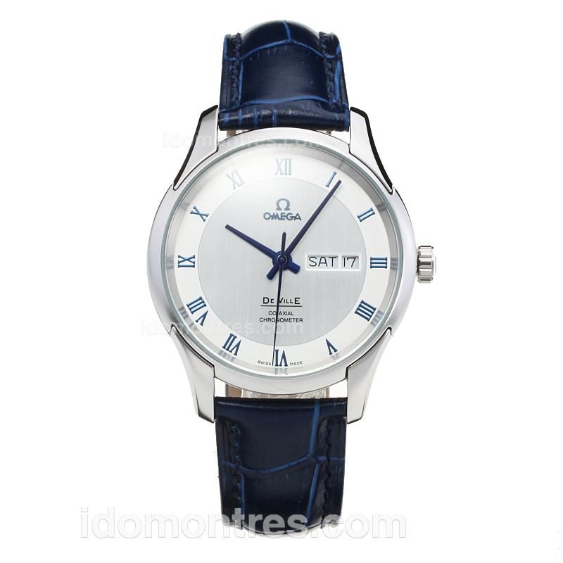 Omega De Ville with White Dial-Blue Leather Strap