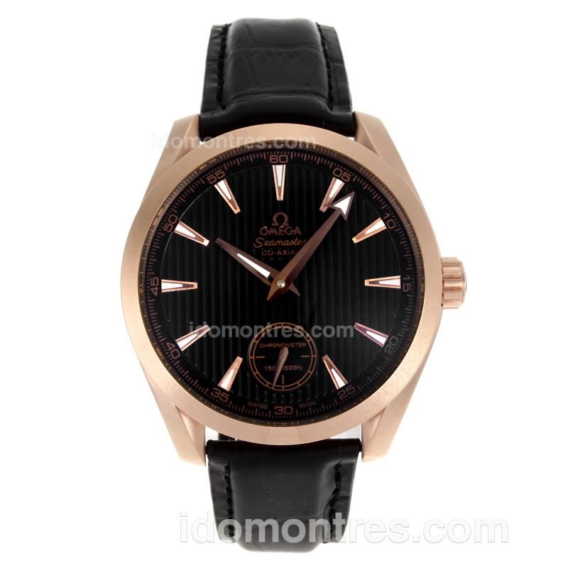 Omega Seamaster Co-Axial Manual Winding Rose Gold Case with Black Dial-Leather Strap