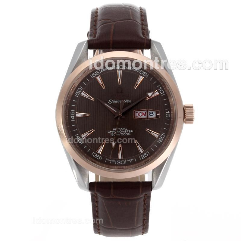 Omega Seamaster Day-Date Automatic Two Tone Case with Brown Dial-Leather Strap