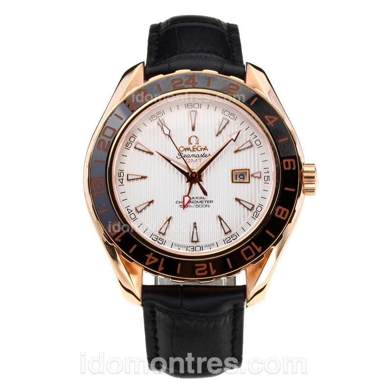 Omega Seamaster GMT Rose Gold Case Ceramic Bezel with White Dial-Leather Strap-Sapphire Glass