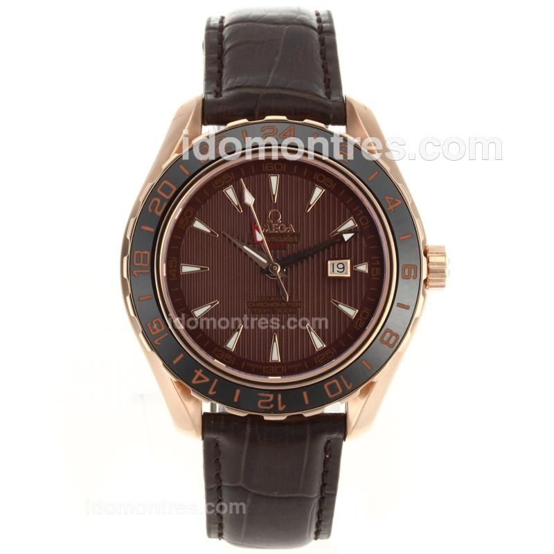 Omega Seamaster Planet Ocean Working GMT Automatic Rose Gold Case Brown Dial with Leather Strap-Ceramic Bezel