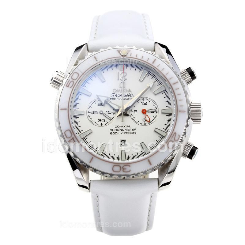 Omega Seamaster Working Chronograph White Ceramic Bezel with White Dial-Leather Strap