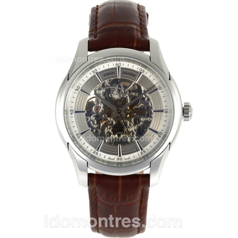 Omega Skeleton Automatic Stick Markers with Silver Dial-Brown Leather Strap