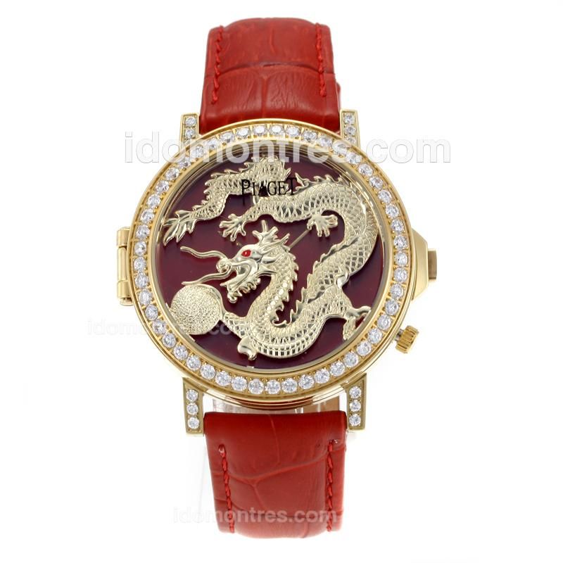 Piaget Dragon & Phoenix Collection Yellow Gold Case Diamond Bezel with Dragon Dial-Red Leather Strap