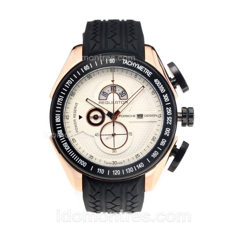 Porsche Design Regulator Working Chronograph PVD Bezel Rose Gold Case with White Dial-Rubber Strap