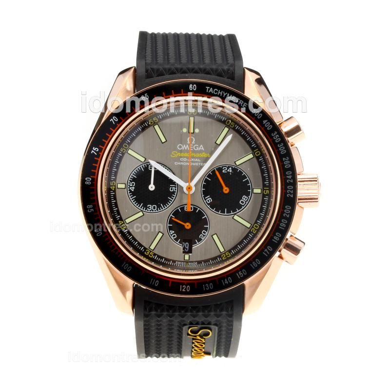Omega Speedmaster Working Chronograph Black Bezel Rose Gold Case with Silver Dial-Rubber Strap-Orange Needle