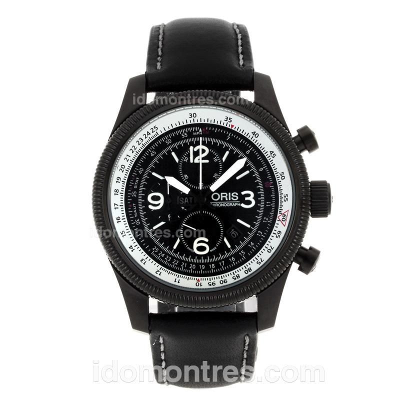 Oris Swiss Hunter Team Working Chronograph PVD Case with Black Dial-Black Leather Strap