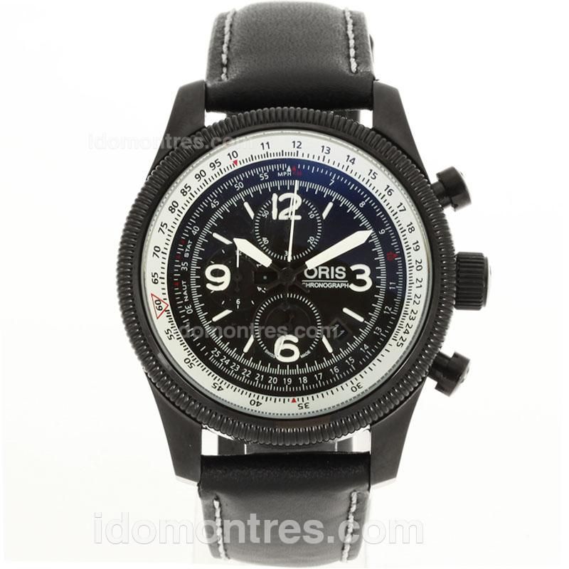 Oris Swiss Hunter Team Working Chronograph PVD Case with Black Dial-Leather Strap