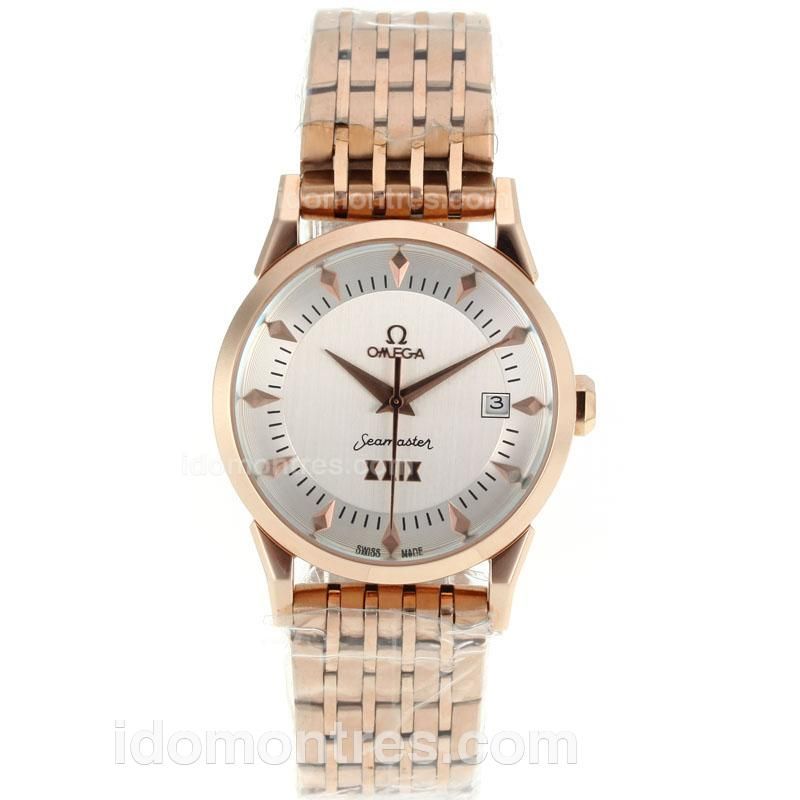 Omega Seamaster Co-Axial Automatic Rose Gold Case Stick Markers with White Dial