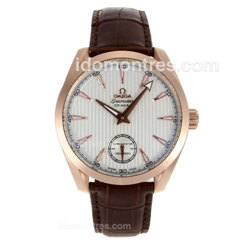 Omega Seamaster Co-Axial Manual Winding Rose Gold Case with White Dial-Leather Strap
