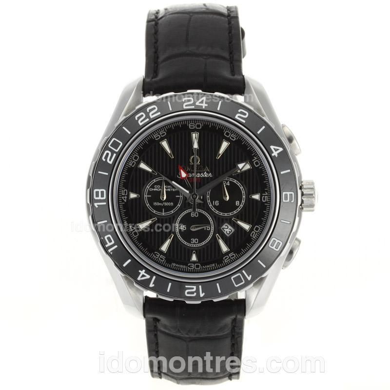 Omega Seamaster Planet Ocean GMT Working Chronograph Black Dial with Leather Strap-Ceramic Bezel