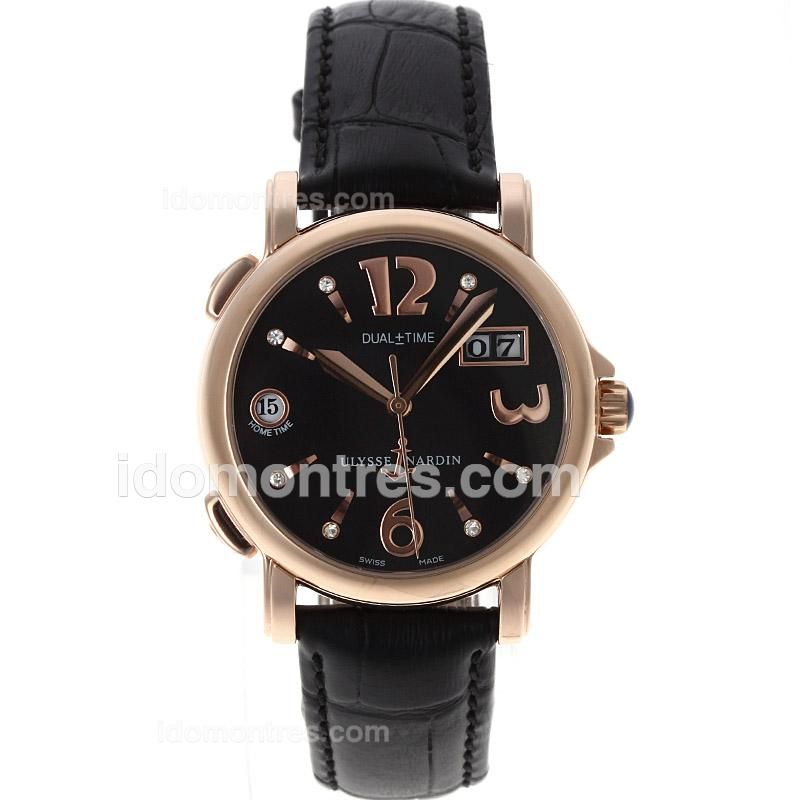Ulysse Nardin Dual Time Automatic Rose Gold Case with Black Dial-Leather Strap
