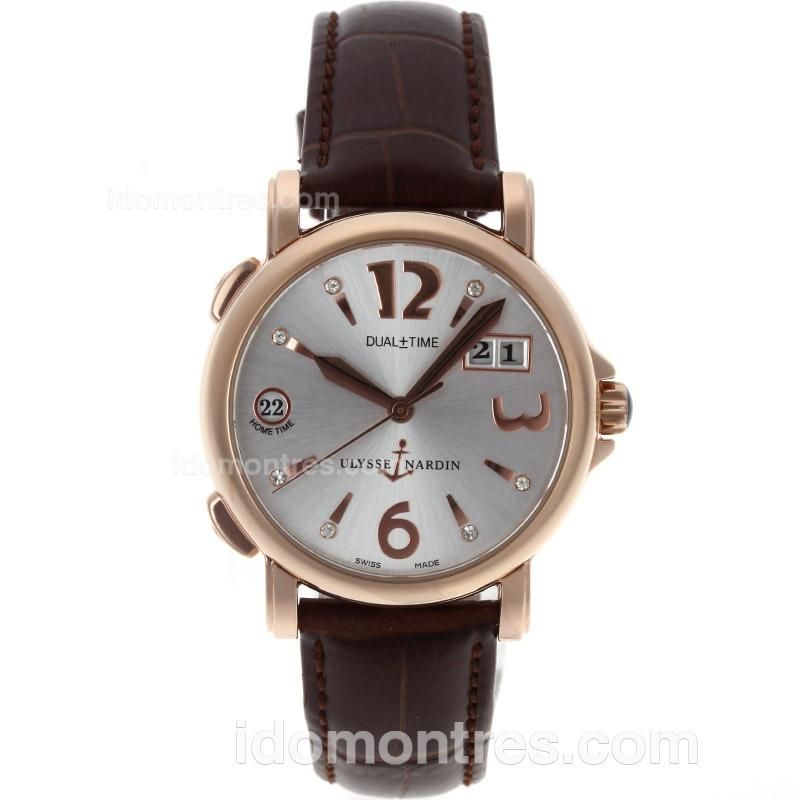 Ulysse Nardin Dual Time Automatic Rose Gold Case with Silver Dial-Leather Strap