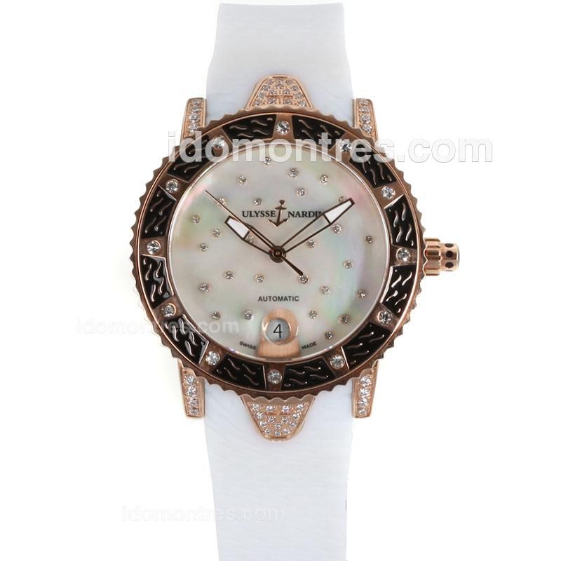 Ulysse Nardin Marine Automatic Rose Gold Diamond Case with Diamond MOP Dial-White Rubber Strap