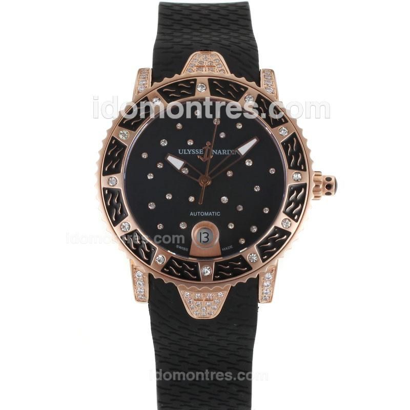 Ulysse Nardin Marine Automatic Rose Gold Diamond Case with Black Diamond Dial-Black Rubber Strap
