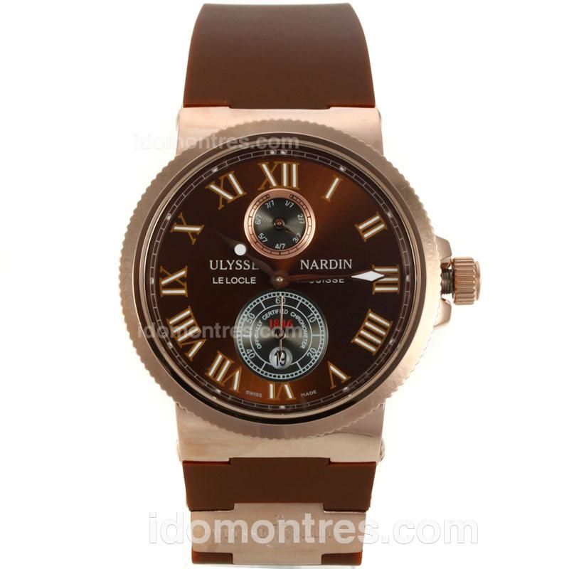 Ulysse Nardin Maxi Marine Automatic Rose Gold Case Roman Markers with Brown Dial-Rubber Strap