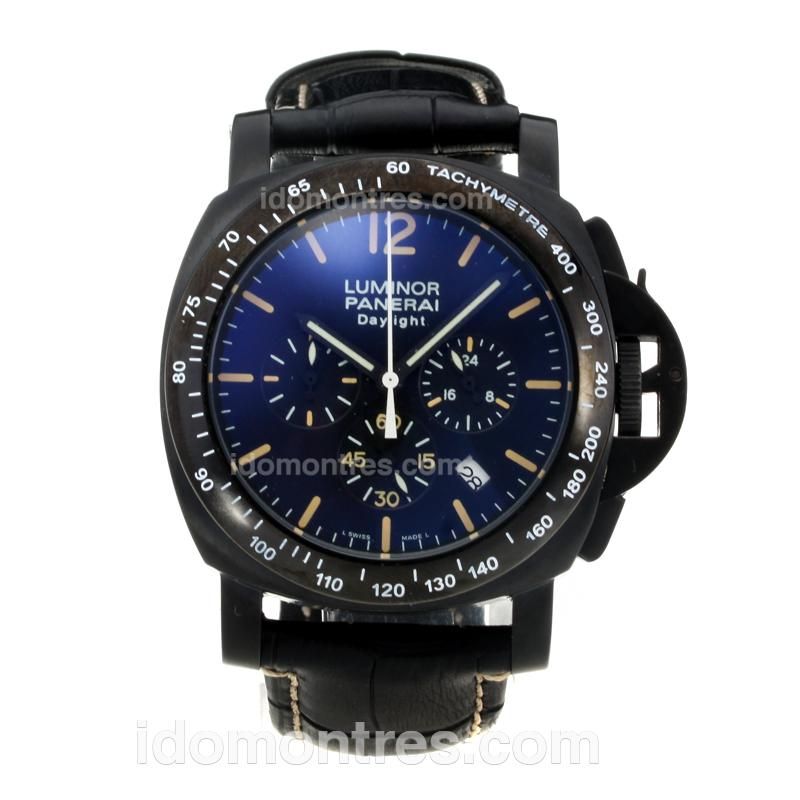 Panerai Luminor Daylight Working Chronograph PVD Case with Black Dial-Leather Strap