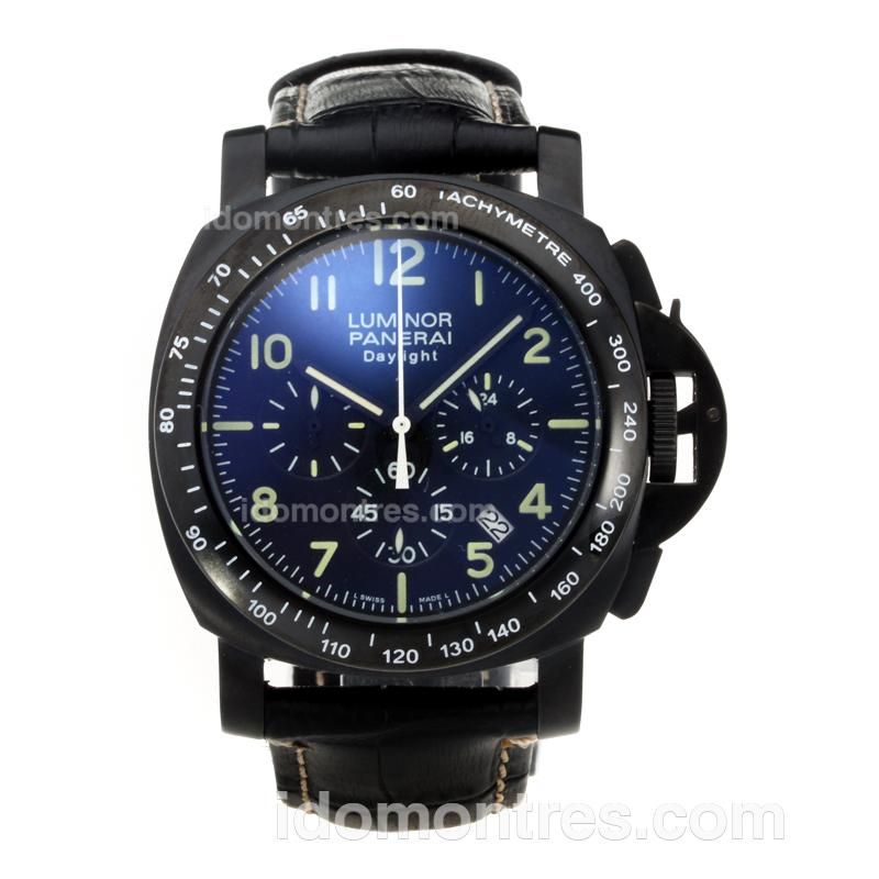 Panerai Luminor Daylight Working Chronograph PVD Case with Black Dial-Leather Strap