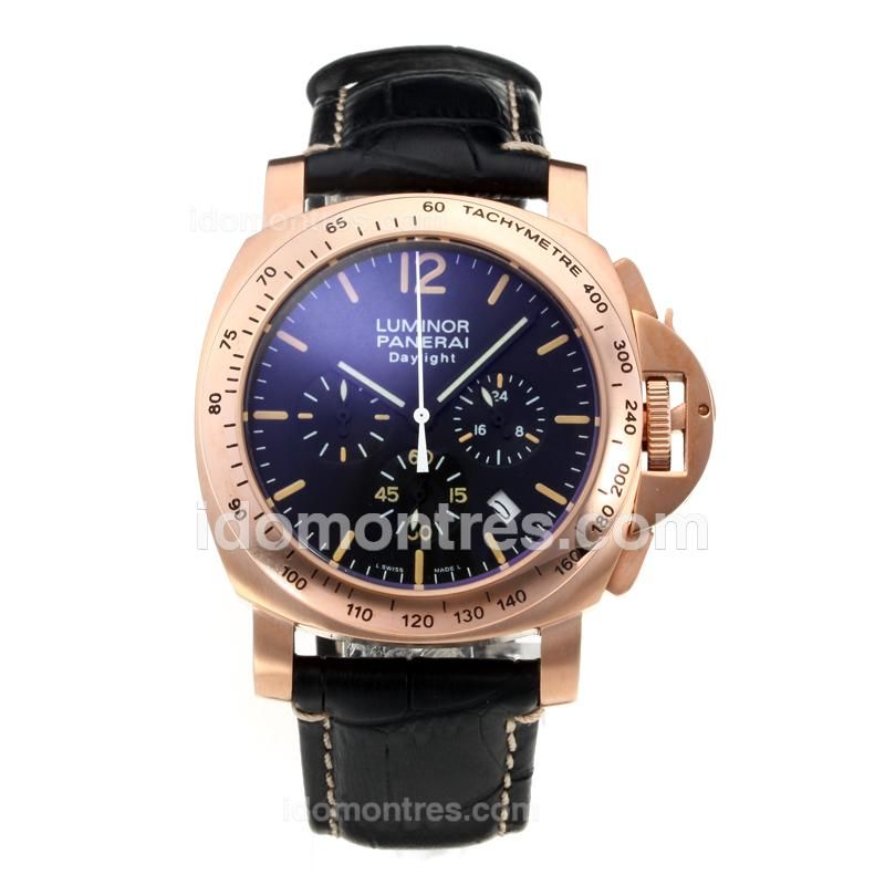 Panerai Luminor Daylight Working Chronograph Rose Gold Case with Black Dial-Black Leather Strap