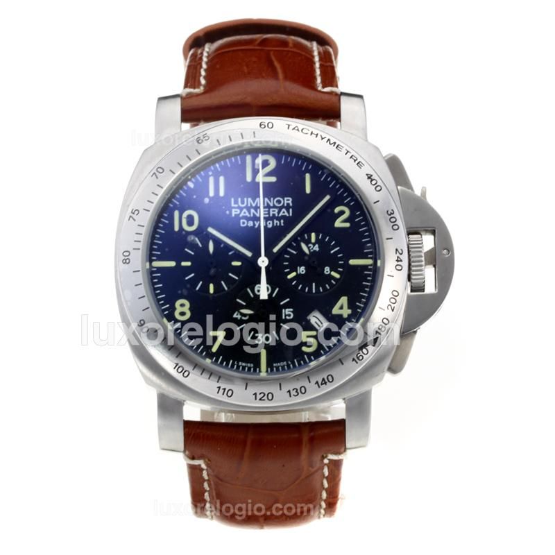 Panerai Luminor Daylight Working Chronograph with Black Dial-Brown Leather Strap