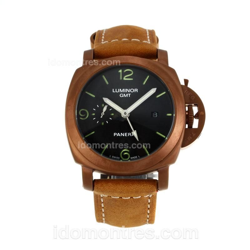 Panerai Luminor Marina Automatic Coffee Gold Case with Black Dial-Green Markers
