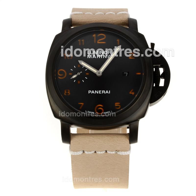 Panerai Luminor Marina Automatic PVD Case with Black Dial-Beige Leather Strap