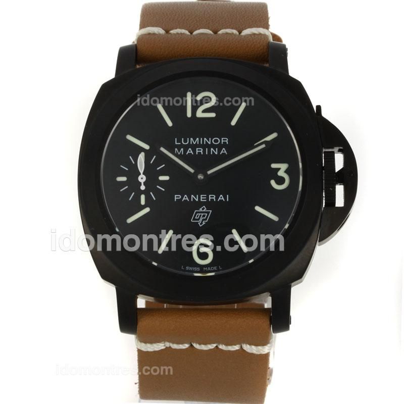 Panerai Luminor OP Logo Manual Winding PVD Case with Black Dial-Light Coffee Leather Strap-Same Chassis as ETA Version
