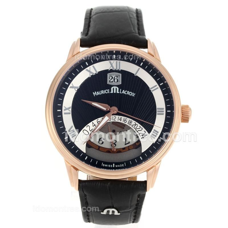 Maurice Lacroix Pontos Rose Gold Case with Black Dial-Leather Strap