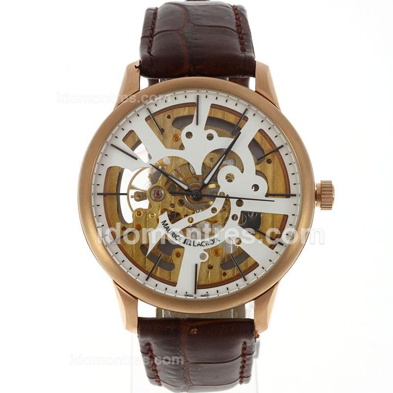 Maurice Lacroix Skeleton Manual Winding Rose Gold Case with Leather Strap