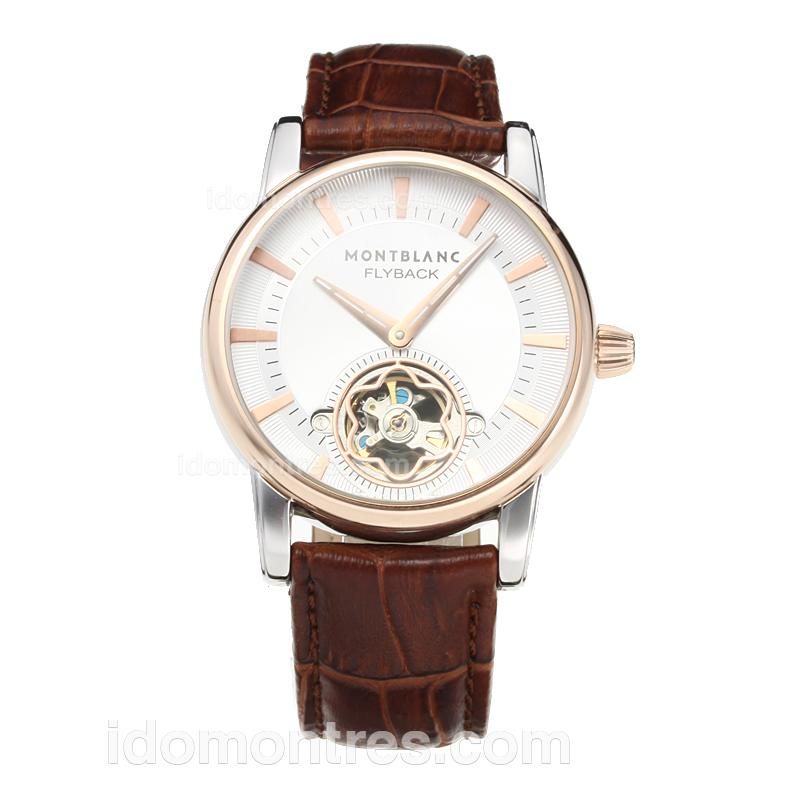 Mont Blanc Flyback Automatic Rose Gold Case with White Dial-Brown Leather Strap