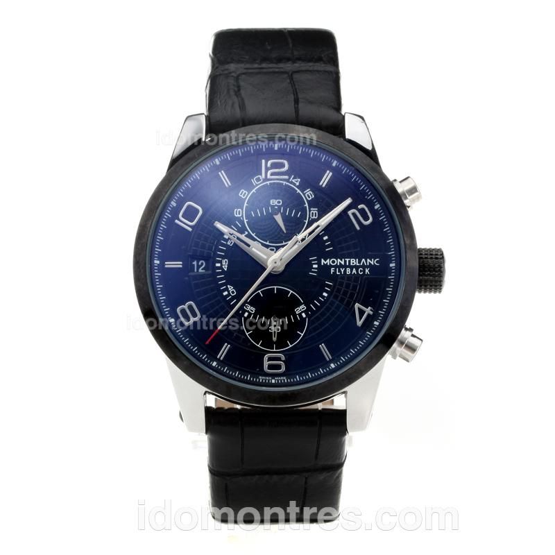 Mont Blanc Flyback Automatic PVD Bezel with Black Dial-Black Leather Strap