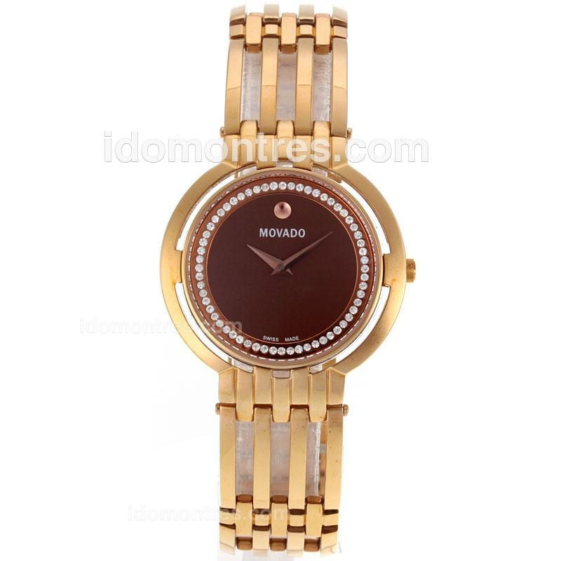 Movado Museum Rose Gold Diamond Inner Bezel with Brown Dial-Sapphire Glass