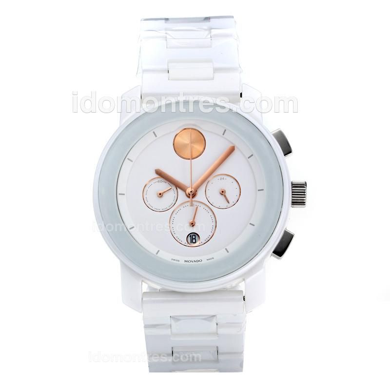 Movado Working Chronograph Full Ceramic with White Dial-Champagne Needle