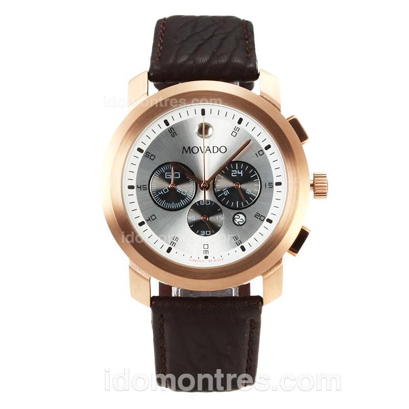 Movado Working Chronograph Rose Gold Case with Silver Dial-Leather Strap